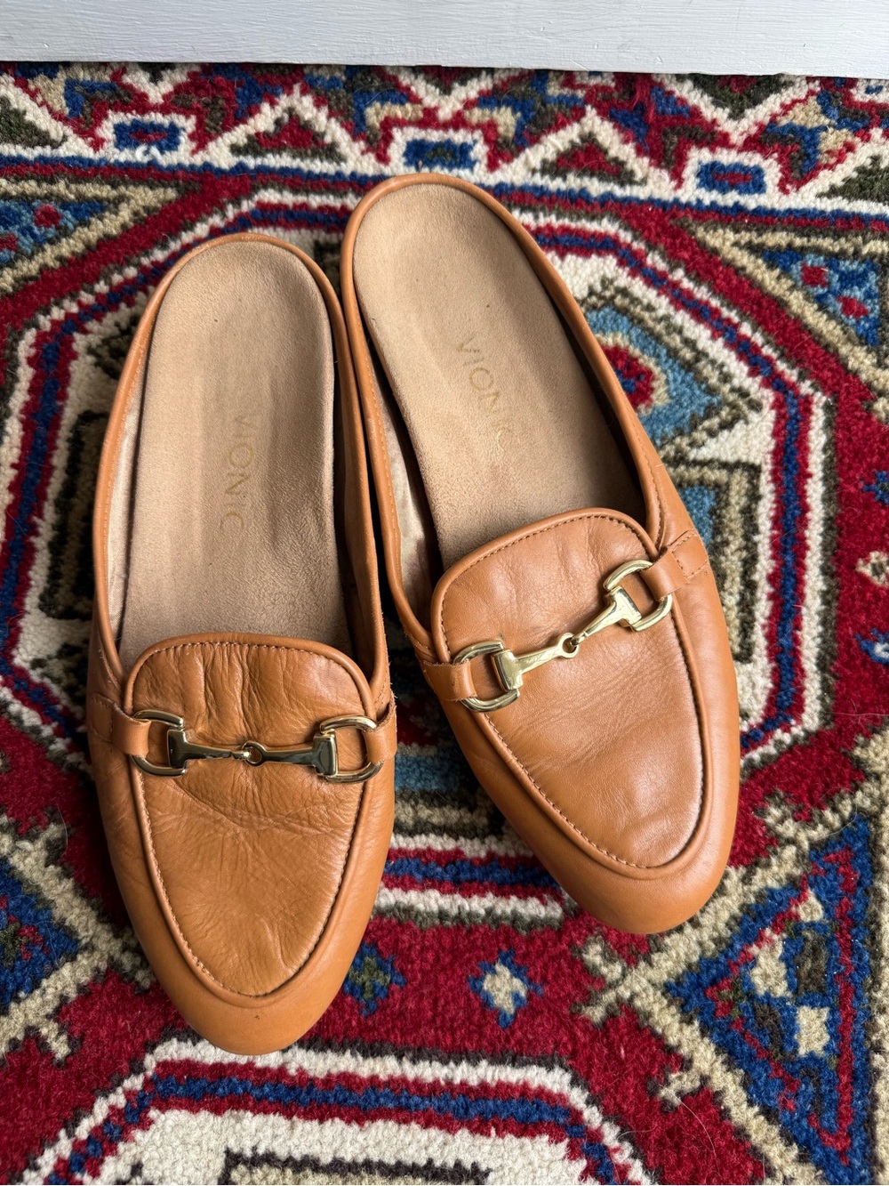 Vionic Tan Leather Mule Loafers with Gold Hardware